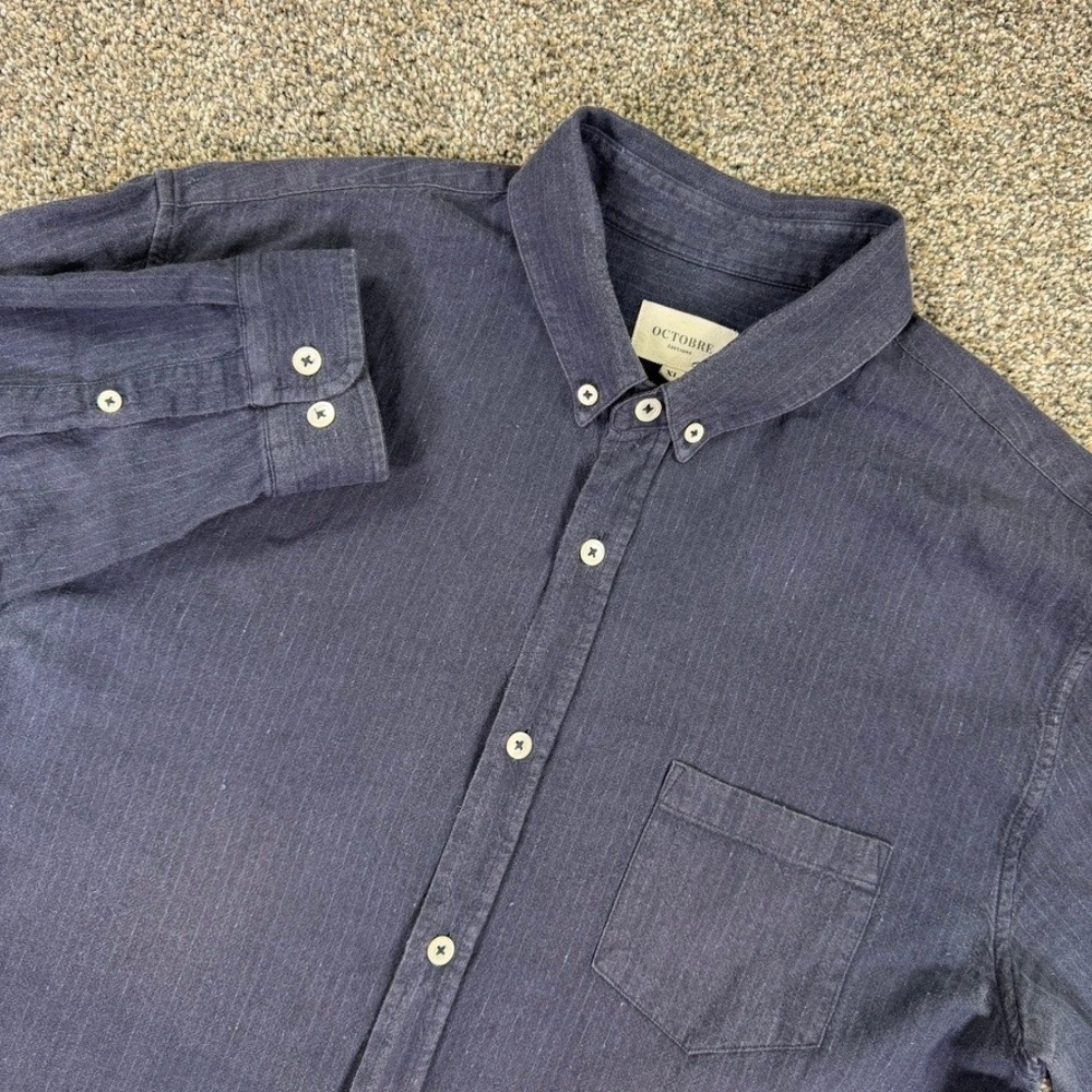 Octobre Editions Navy Blue Striped Linen Cotton Button Up Shirt Mens XL Portugal